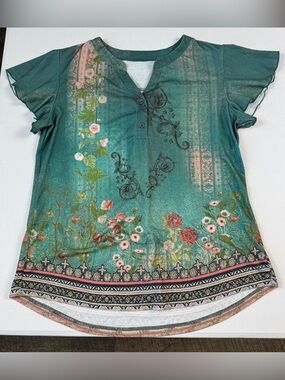 Rapbin Butterly Cap Sleeve Top Womens L Large Green Floral Graphic V Neck